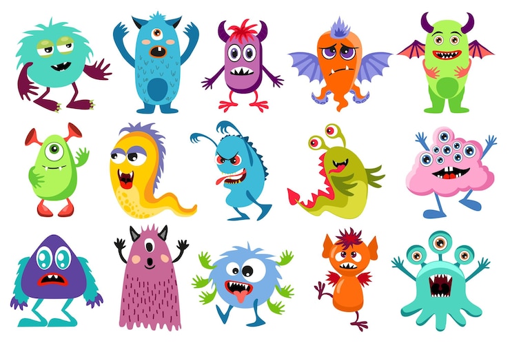 Vector funny monsters set cute cartoon creatures texture for kids apparel fabric textile wrapping
