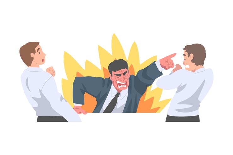 Vector furious chief screaming and yelling in anger at scared employee vector illustration
