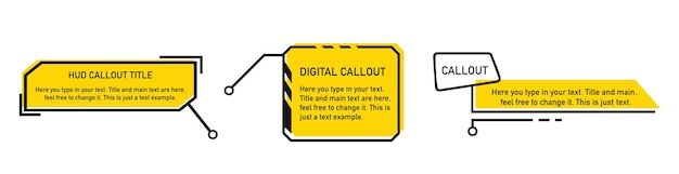 Futuristic callouts titles. Info boxes, digital information labels, modern description banner.