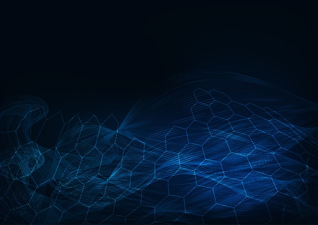 futuristic glowing abstract dark blue background with honeycomb hexagons and wave lines.