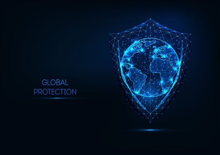 Vector futuristic glowing low polygonal shield and planet earth globe map isolated on dark blue background.