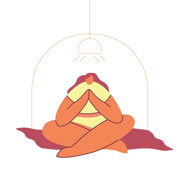 Vector gadis kartun dengan seragam olahraga. wanita gemuk cantik melakukan yoga di rumah. olahraga, meditasi, latihan spiritual. ilustrasi berwarna-warni dengan latar belakang putih terisolasi. klipart vektor.