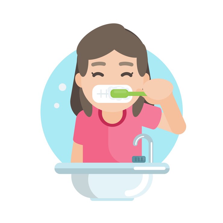 Vector gadis lucu bahagia menyikat gigi di kamar mandi