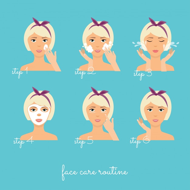 Gadis Membersihkan Dan Merawat Wajahnya Dengan Berbagai Aksi Set. Hasil dari penggunaan produk kosmetik perawatan kulit wajah (krim, masker). Ikon perawatan kulit.