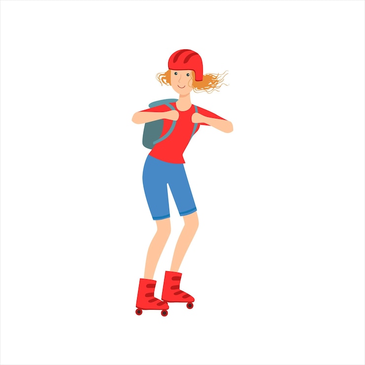 Vector gadis sportive bahagia bermain papan luncur dengan ransel dan helm keras bagian dari koleksi gaya hidup wanita yang berbeda