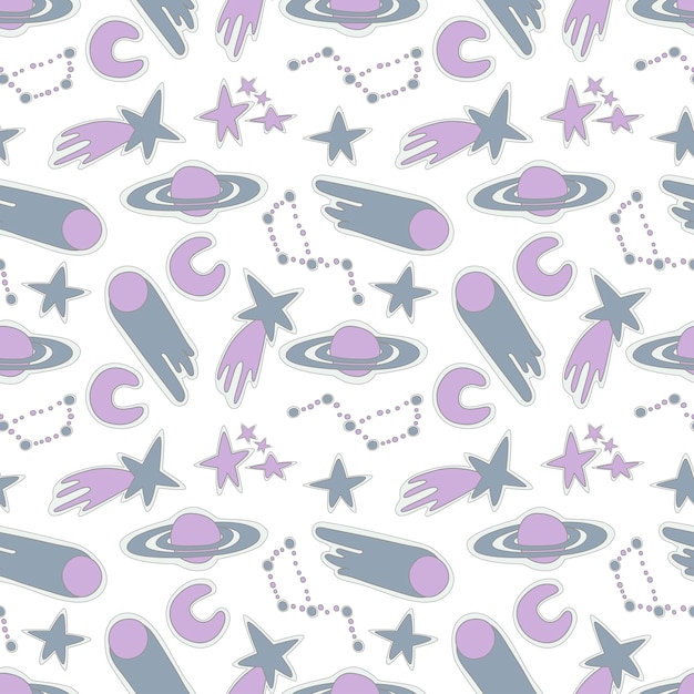 galaxy cosmic seamless pattern with planets stars and comets childish vector hand drawn cartoon illustration in simple scandinavian style pastel isolated on a white background