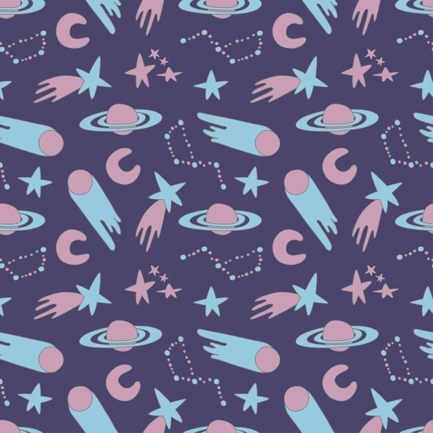 galaxy cosmic seamless pattern with planets stars and comets childish vector hand drawn cartoon illustration in simple sticker style