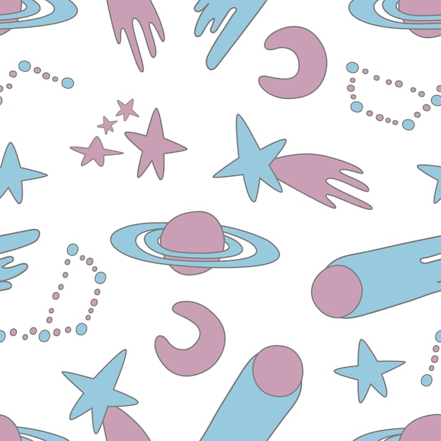 galaxy cosmic seamless pattern with planets stars and comets childish vector hand drawn cartoon illustration in simple sticker style