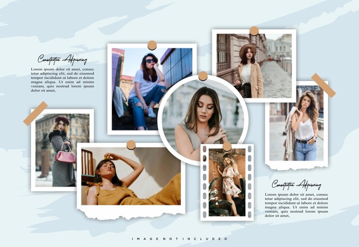 Vector gambar fashion atau bingkai foto kolase halaman komik tata letak grid bingkai foto abstrak dan templat dinding foto digital