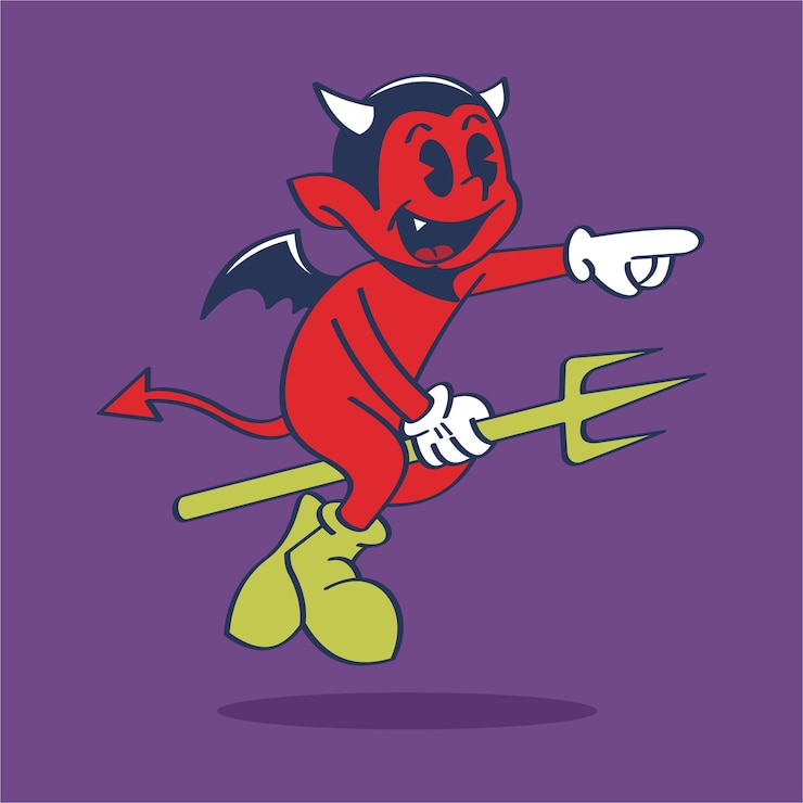 Vector gambar tangan karakter kartun iblis mengendarai trisula dengan ekspresi kuat
