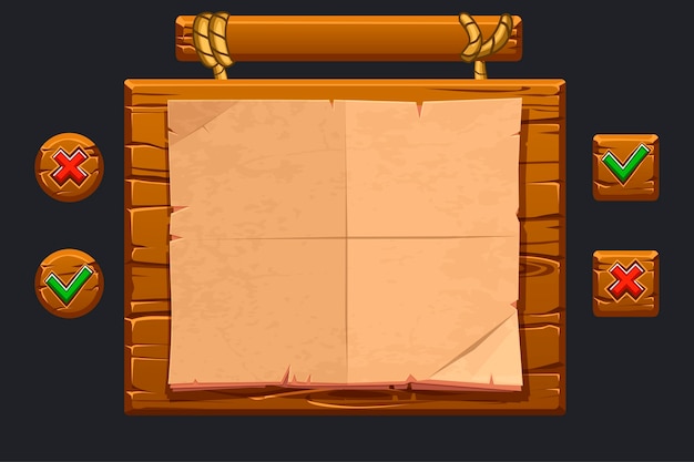 Game ui kit. Template wooden menu of graphical user interface GUI and buttons to build games.