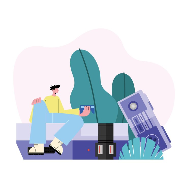 Vector gamer duduk di karakter konsol