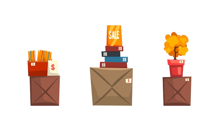 Vector garage sale old unnecessary things boxes with old stuff at flea market cartoon vector illustration