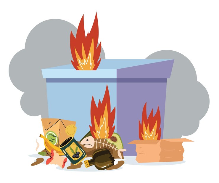 Vector garbage waste trash can burning concept vector graphic design illustration