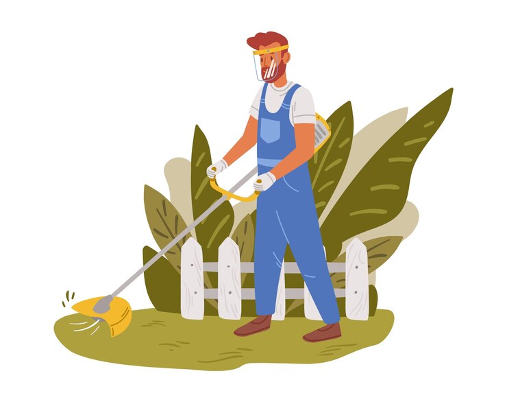 Gardener working on backyard and mowing lawn with electric mower. Male handyman cutting grass in garden. Colored flat cartoon vector illustration of professional worker isolated on white background.