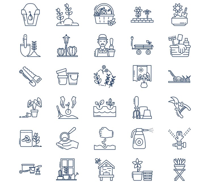 Gardening and farming, cultivation of plant icon set