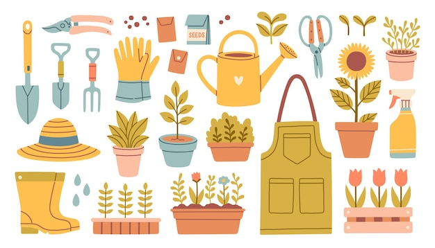 Gardening tools and flowers vector set in flat cartoon style Rubber boots seedling tulips garden