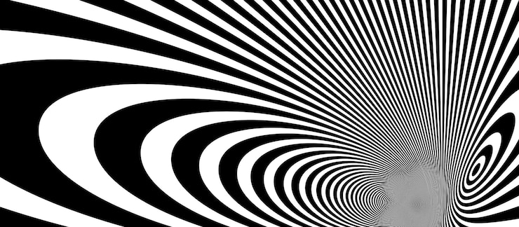 Vector garis hitam putih op art abstrak dalam vektor perspektif 3d hiper latar belakang abstrak, pola linier psychedelic ilustrasi artistik, ilusi optik menghipnotis.