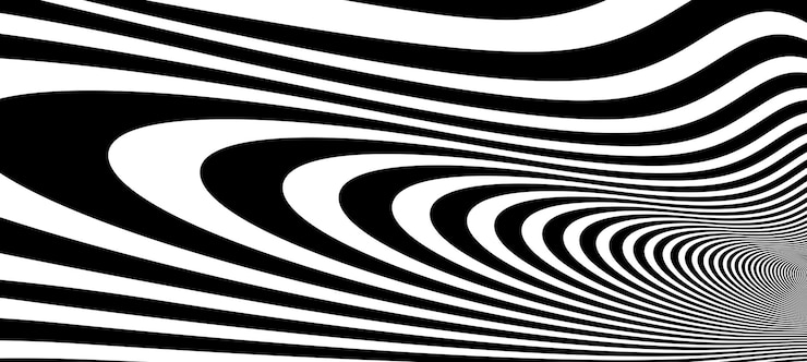 Vector garis hitam putih op art abstrak dalam vektor perspektif 3d hiper latar belakang abstrak, pola linier psychedelic ilustrasi artistik, ilusi optik menghipnotis.