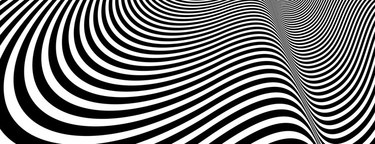 Vector garis hitam putih op art abstrak dalam vektor perspektif 3d hiper latar belakang abstrak, pola linier psychedelic ilustrasi artistik, ilusi optik menghipnotis.