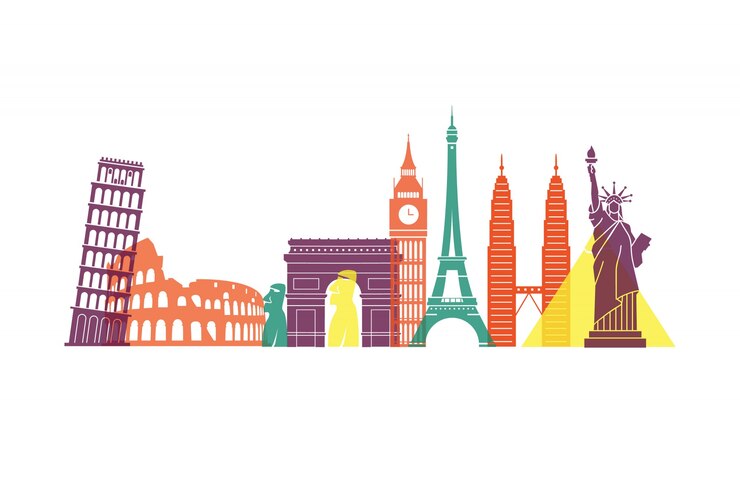 Vector garis langit landmark penuh warna di seluruh dunia