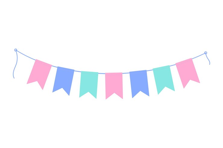 Garland on rope of colorful flags in trendy soft shades isolated on white greeting design concept