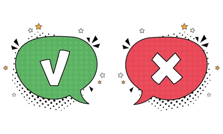 Vector gelembung ucapan komik dengan ikon tanda silang dan centang ilustrasi kartun dinamis terang vektor dalam gaya seni pop retro ilustrasi vektor