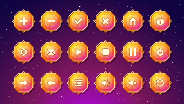 Gemstone buttons with luxury gold frame and set of menu icons for games