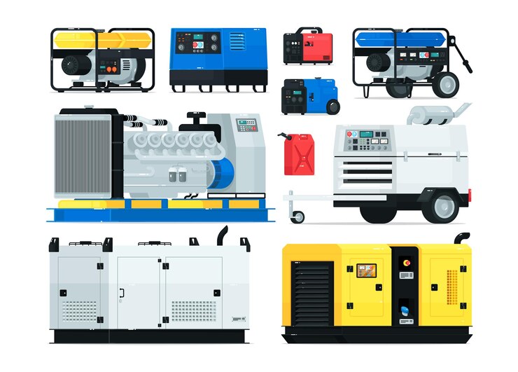 Vector generator daya diesel stasioner, industri, dan portabel. peralatan cadangan penghasil energi dan mesin alternator sumber tegangan listrik