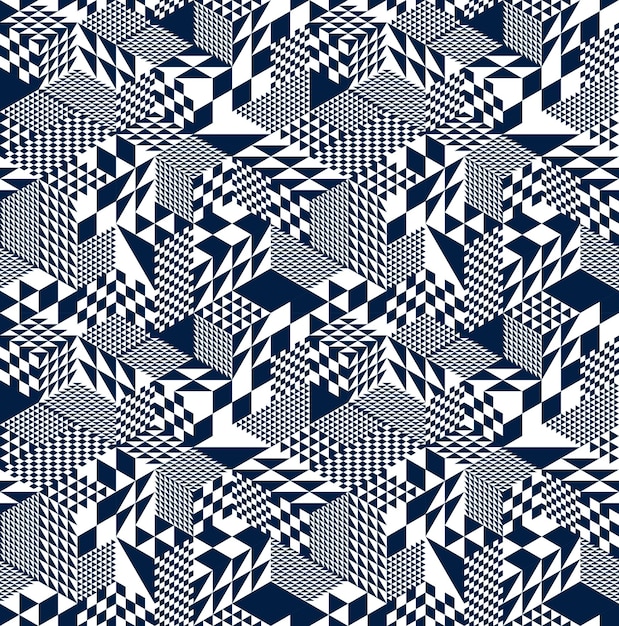 Geometric 3D seamless pattern with cubes, rhombus and triangles boxes blocks vector background, architecture and construction, wallpaper design.