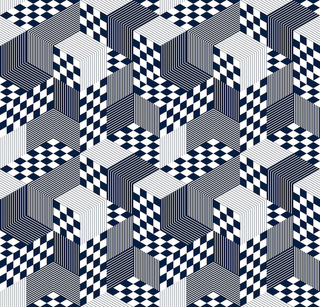 Geometric 3D seamless pattern with cubes rhombus and triangles boxes blocks vector background architecture and construction wallpaper design