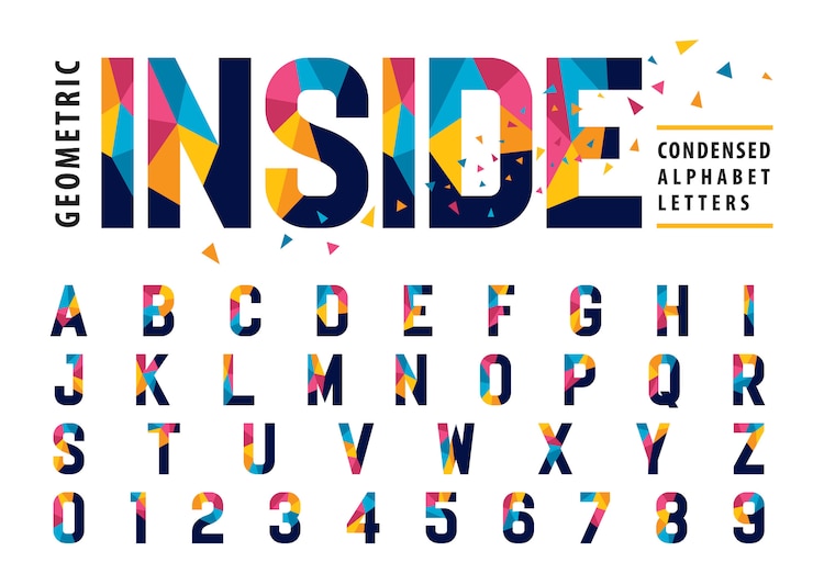 Vector geometric alphabet letters and numbers, modern colorful triangle letter