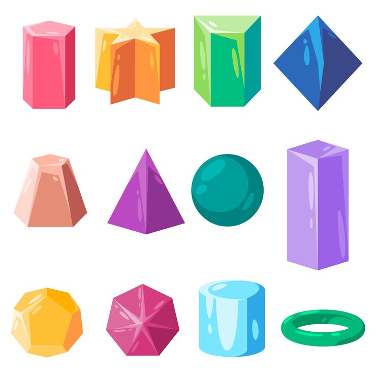 Vector geometric shape pink yellow green blue brown and purple color education collection object shapes