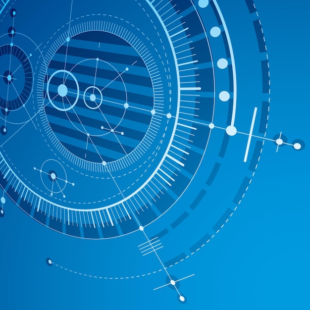 Geometric technology 3d vector drawing, blue technical wallpaper. Dimensional abstract scheme of engine or engineering mechanism.