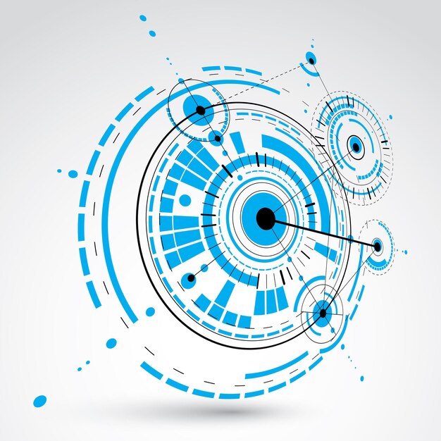 Geometric technology 3d vector drawing, blue technical wallpaper. Dimensional abstract scheme of engine or engineering mechanism.