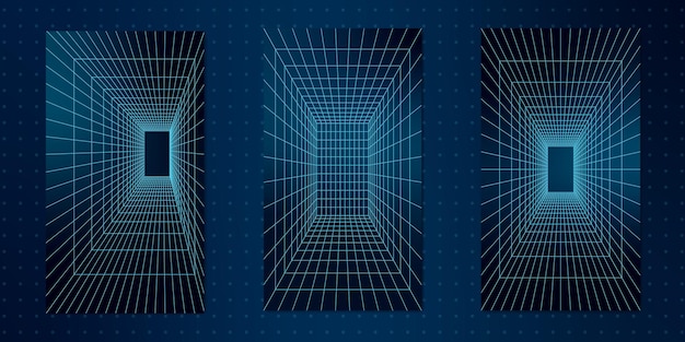 Geometry wireframe grid tunnels in 3d featuring abstract shapes neon blue lines create a retro y2k