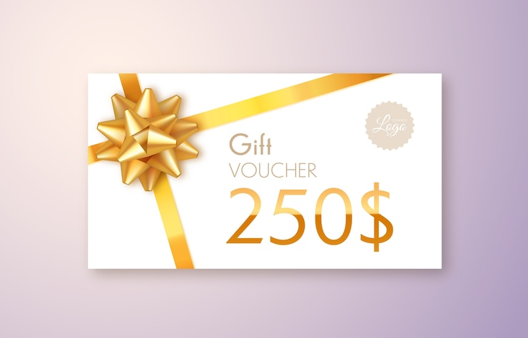 Vector gift card with gold ribbon and bow
