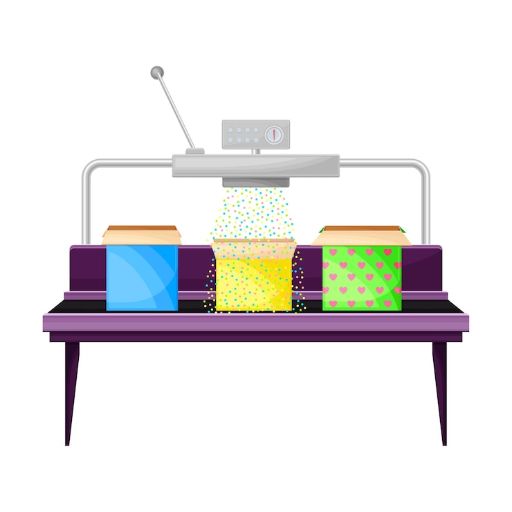 Vector gift production and wrapping with carton boxes on conveyor belt vector illustration