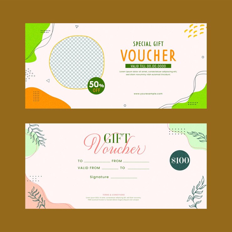 Vector gift voucher or coupon banner layout with space for product imag