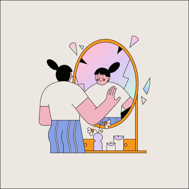 Girl applying cream on her face in front of mirror Vector illustration