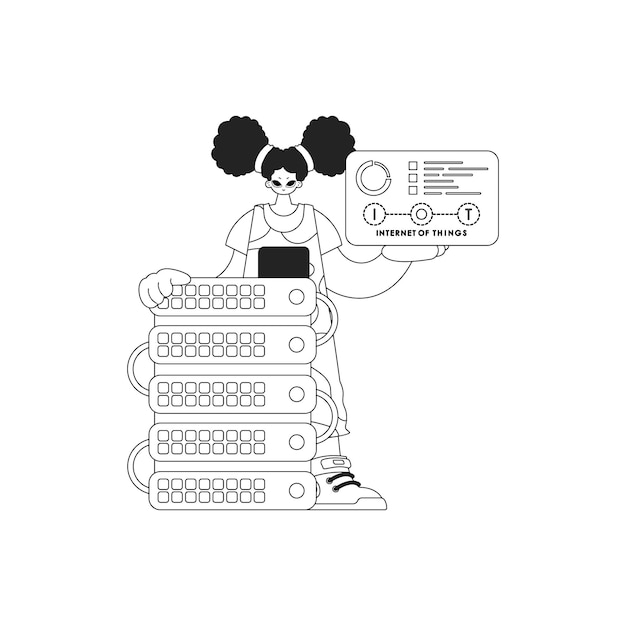 Girl connected to cloud server using Internet of Things in vector linear style