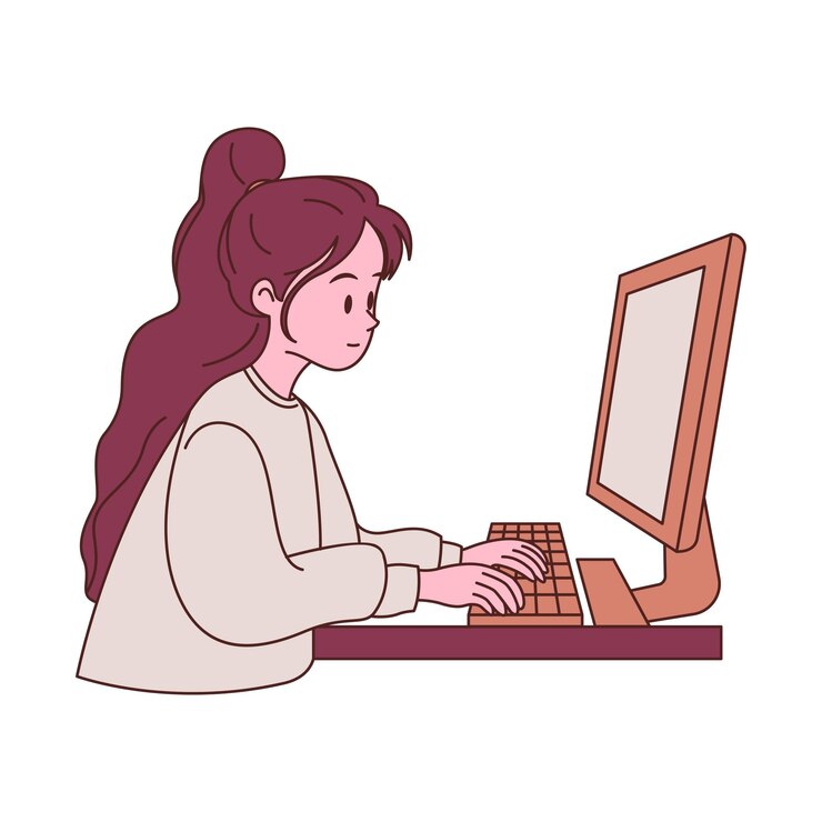 Vector girl employee cartoon character typing on keyboard working with computer