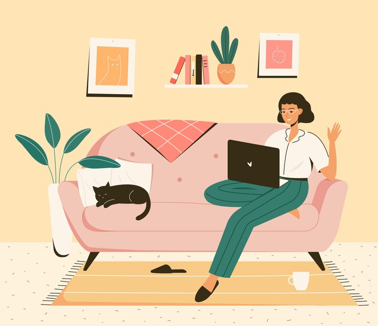 Vector girl freelancer working home on a sofa