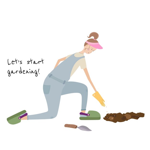 girl gardener in blue jeans jumpsuit on one knee sowing seeds outdoors