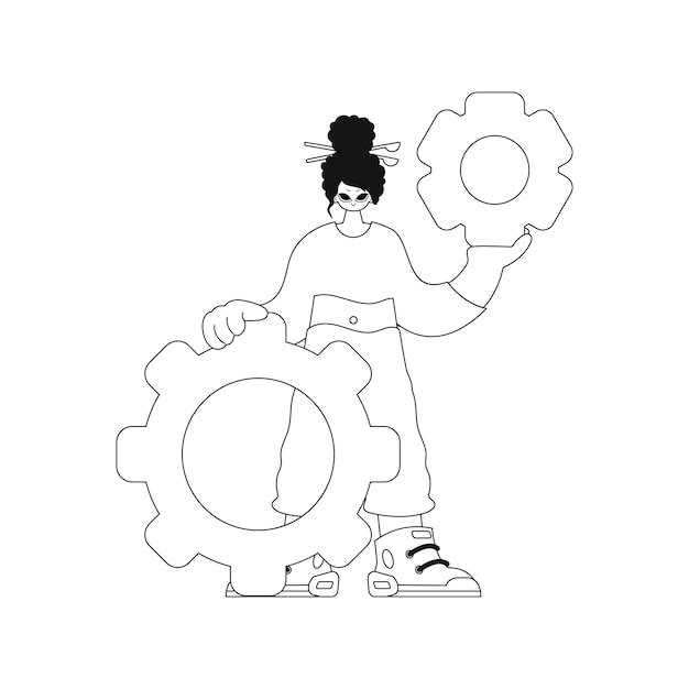Girl holds gears in hands. Linear style illustration. Vector.