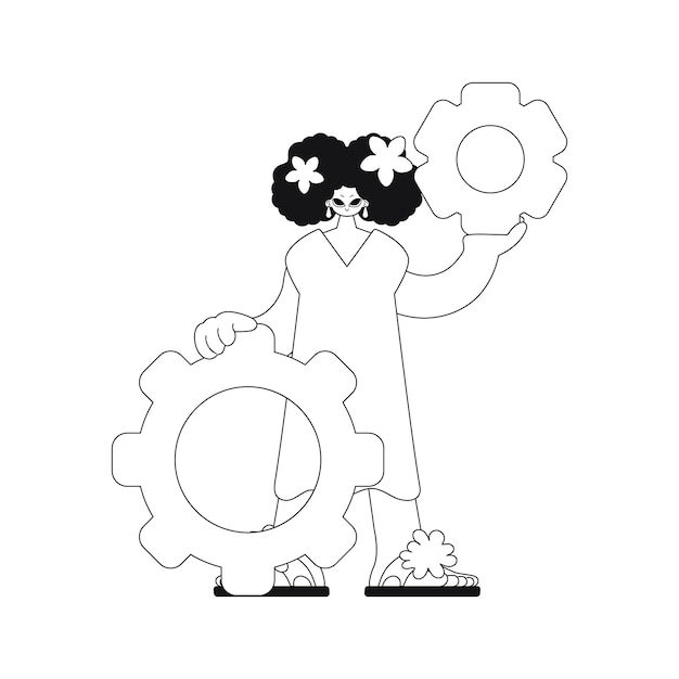Girl holds gears in her hands. linear illustration in vector format.