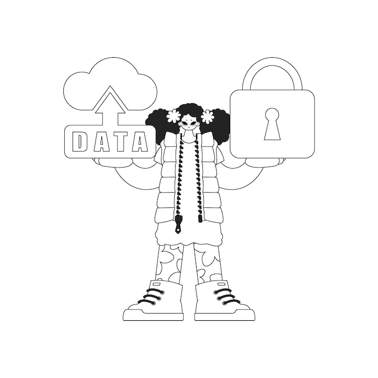 Vector girl holds logo of cloud storage for iot vectorized linear design