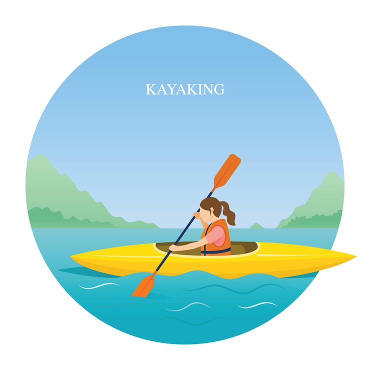 Vector girl in life jacket kayaking in the sea or river