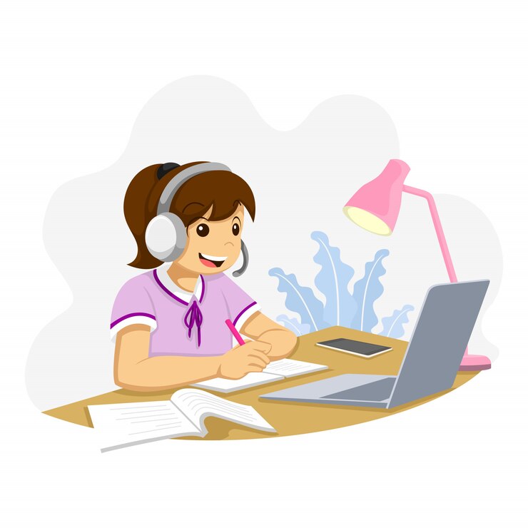 Vector girl learning online school from home activity, study in front of a laptop