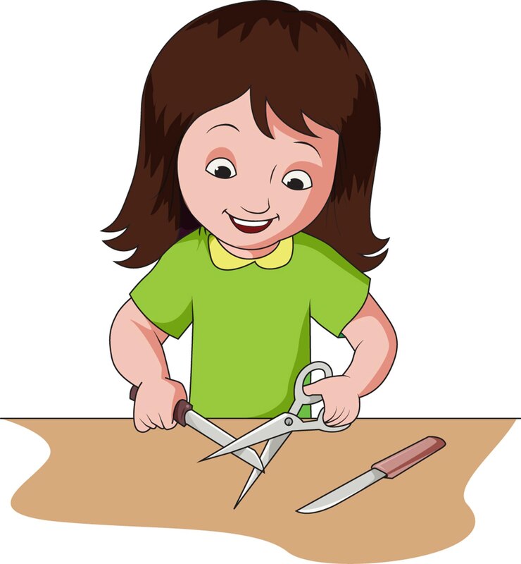 Vector girl playing with sharp objects scissors knife vector illustration